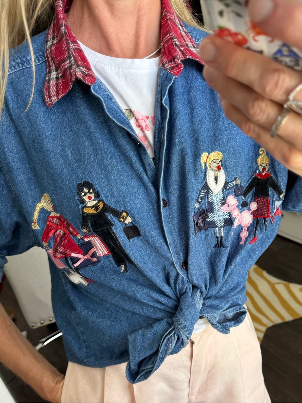 Vintage 90s Oversized Embroidered Denim Dog Mom Shirt XL